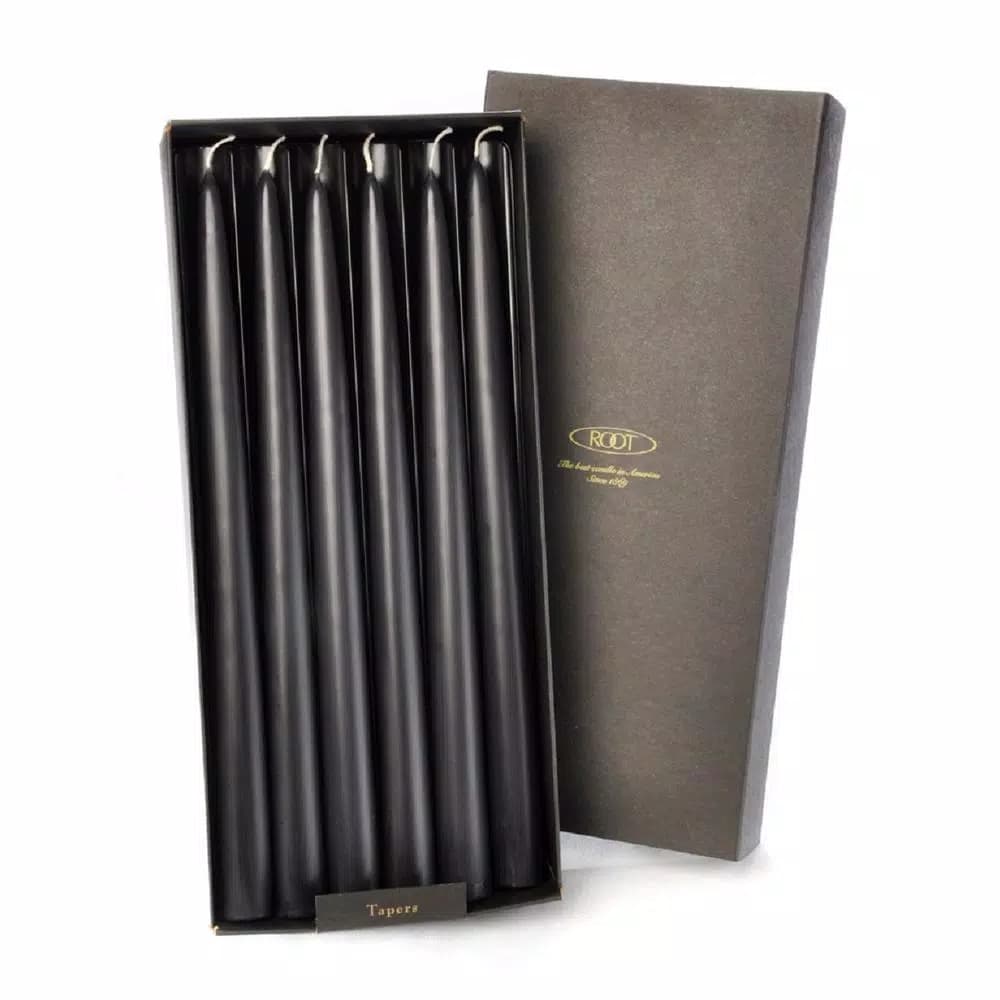 ROOT CANDLES A.I. Root 12 in. Black Dipped Taper Dinner Candles, Beeswax Enriched, Box of 12