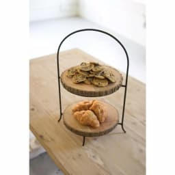 Unbranded 2-Tiered Brown Pine and Metal Round Dessert Display Stand thumbnail 2
