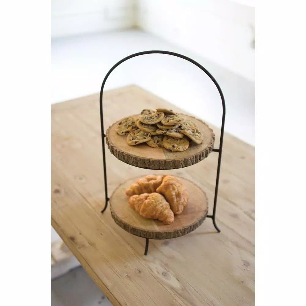 Unbranded 2-Tiered Brown Pine and Metal Round Dessert Display Stand