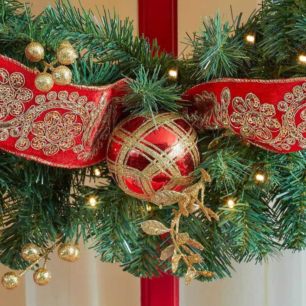 Home Accents Holiday Home Holiday Accents 30 in. Royal Easton Pre-Lit Artificial Pine Wreath with Warm White LED Lights