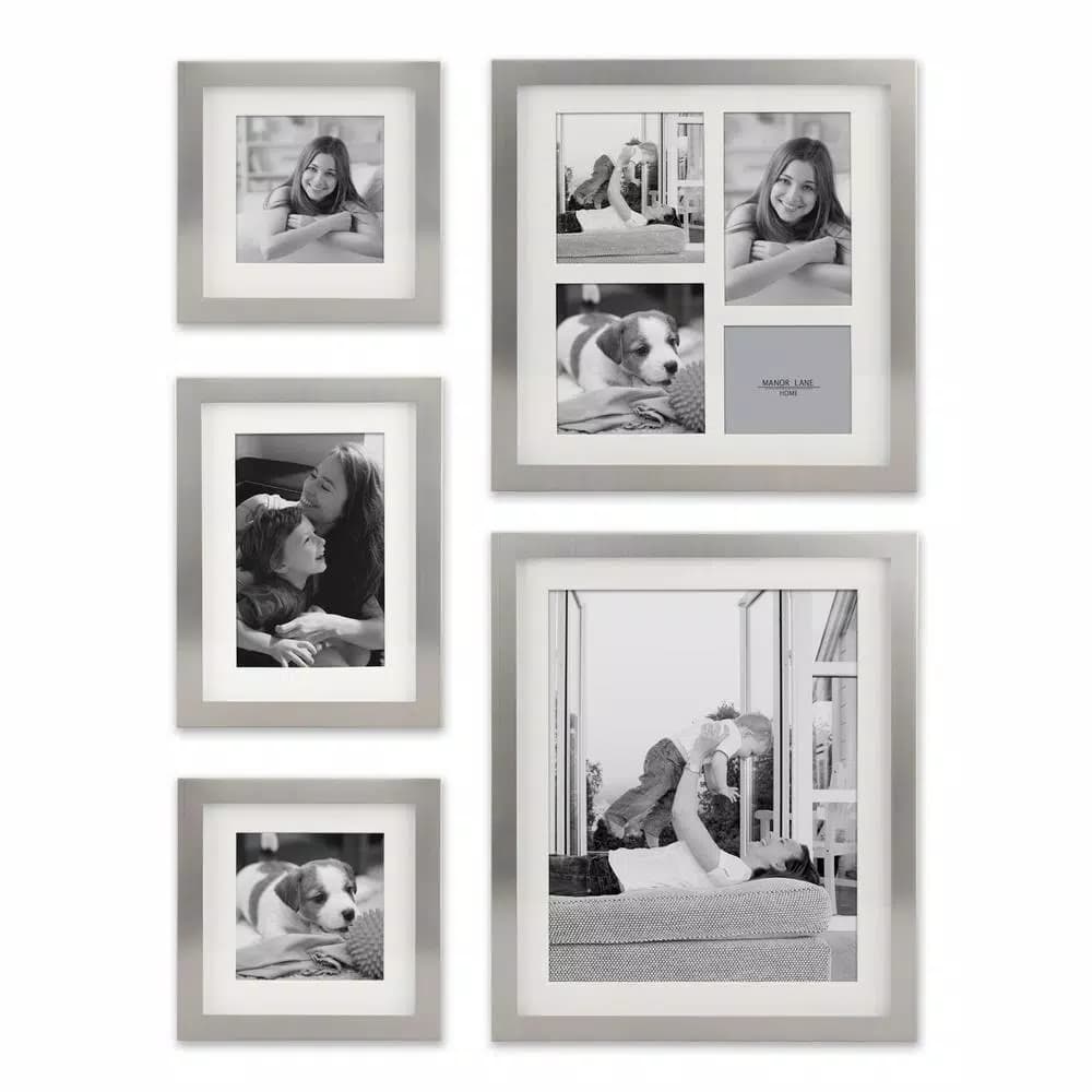 Stonebriar Collection Silver Metal Shadow Box Picture Frame Set, 5-Piece Gallery Wall Decor with White Mats
