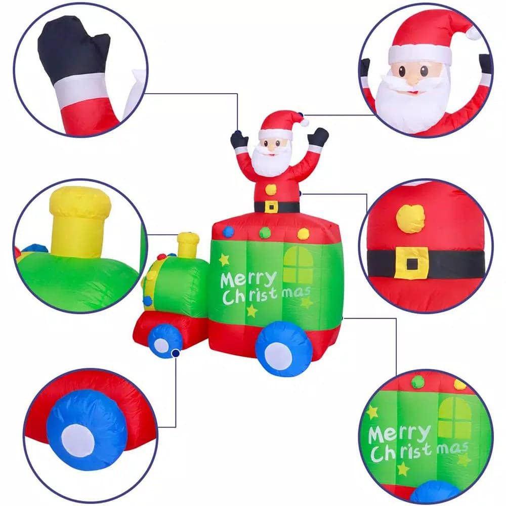 JOYDECOR 6 ft. Santa Claus on Train Christmas Inflatable with Built-in LED Lights