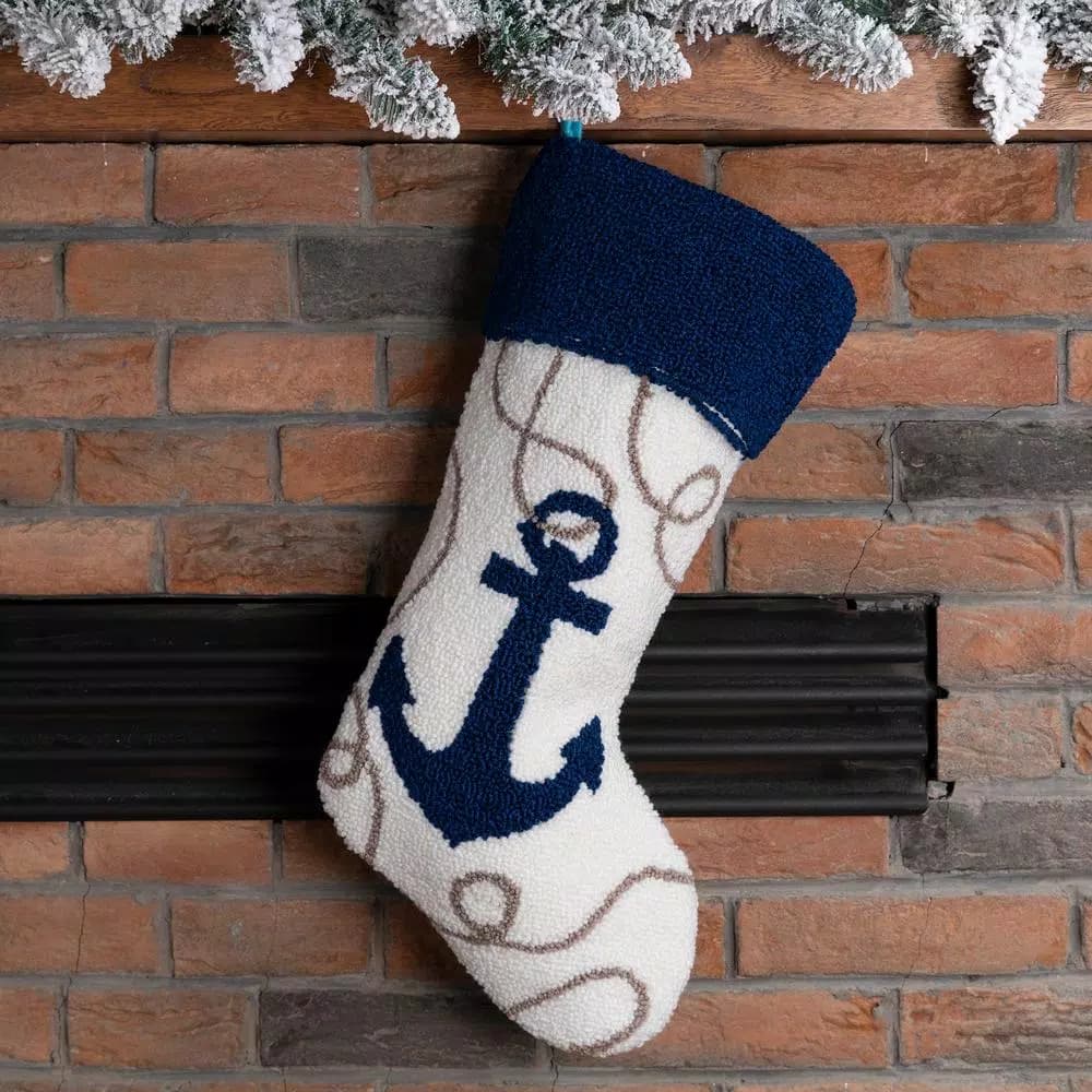 Glitzhome 19 in. Nautical Anchor Hooked Christmas Stocking, Navy Blue and White