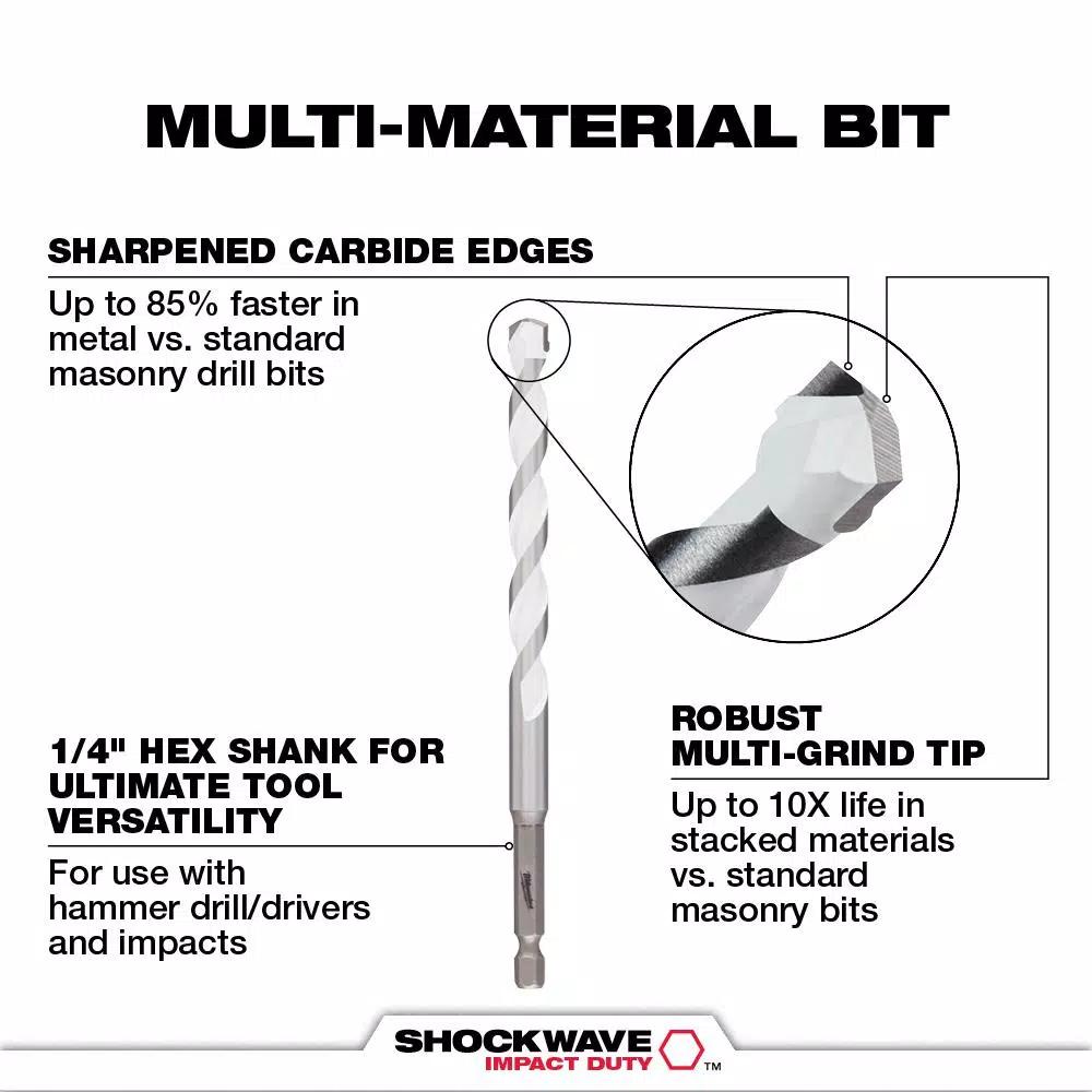 Milwaukee SHOCKWAVE 3/8 in. Carbide Multi-Material Drill Bit, 1/4 in. Hex Shank