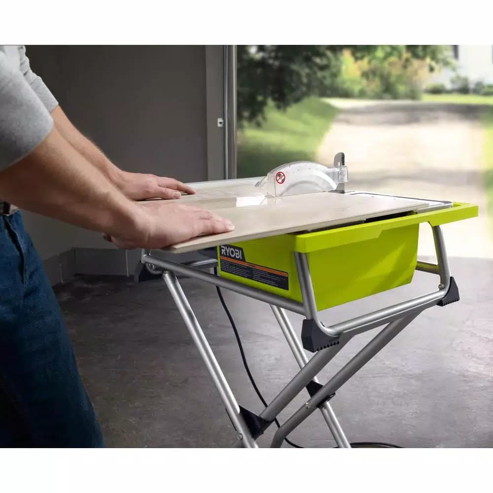 RYOBI 7 in. 4.8 Amp Wet Tile Saw with Stand, Cuts Ceramic, Porcelain, and Stone