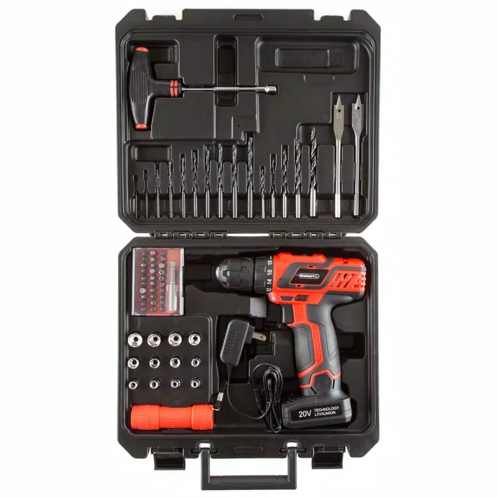 Stalwart 20V Lithium-Ion 3/8 in. Cordless Drill/Driver 62-Piece Set with Brushless Motor