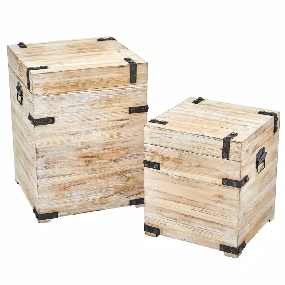 Nearly Natural Rustic White Wash Wood Decorative Storage Boxes with Metal Detail, Set of 2