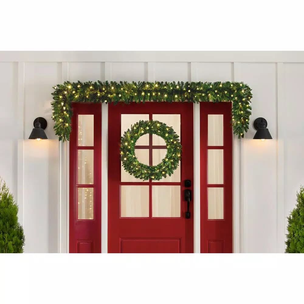 Home Accents Holiday 30 in. Mayfield Pre-Lit LED Artificial Balsam Fir Christmas Wreath with 35 Warm White Micro Dot Lights