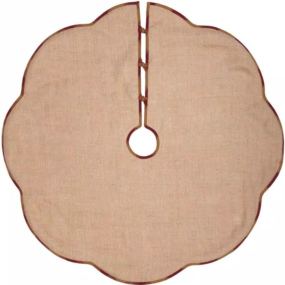VHC Brands 48 in. Burgundy Check Red Primitive Christmas Tree Skirt with Scalloped Edge