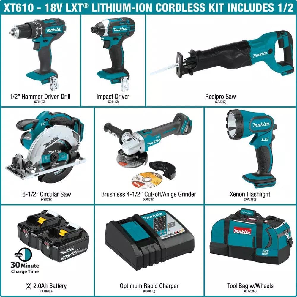 Makita 18V LXT Lithium-Ion Cordless 6-Piece Combo Kit with (2) 3.0Ah Batteries and Rapid Charger