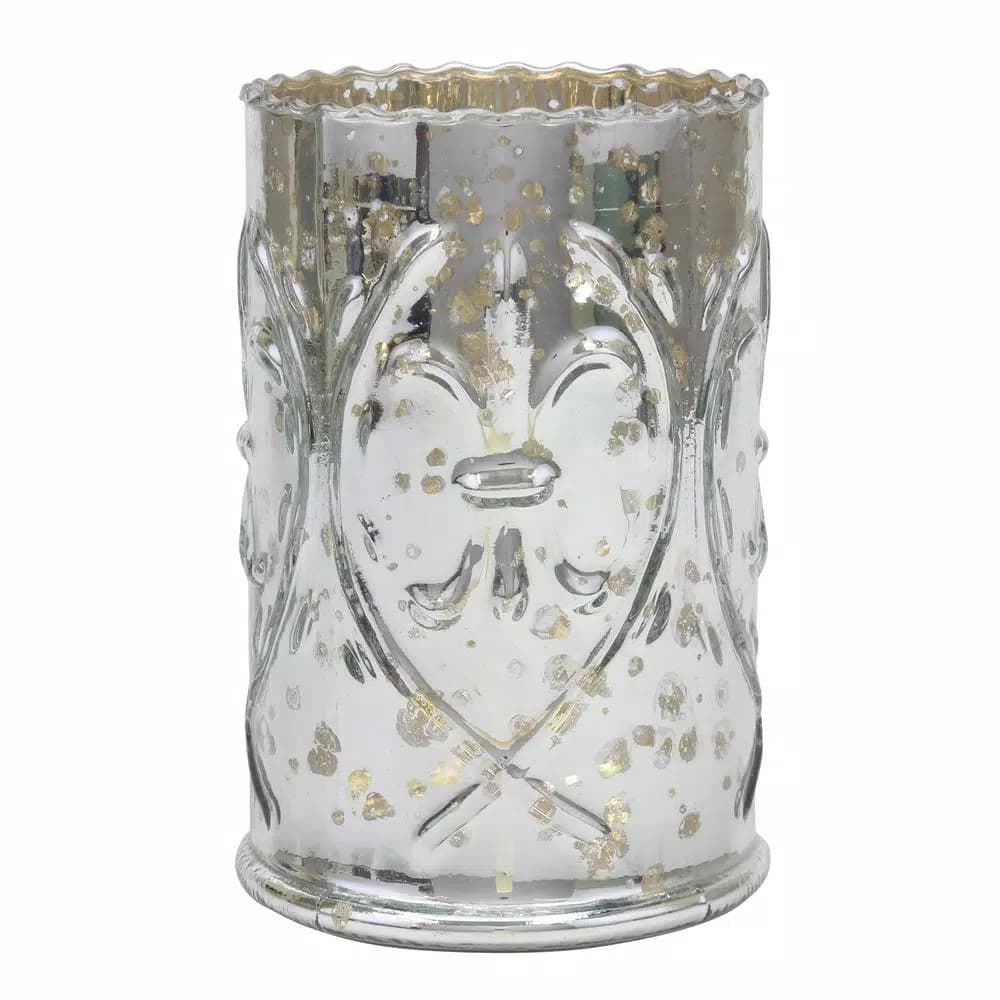 Stonebriar Collection 6.5 in. Antique Silver Mercury Glass Fleur De Lis Pillar Candle Holder