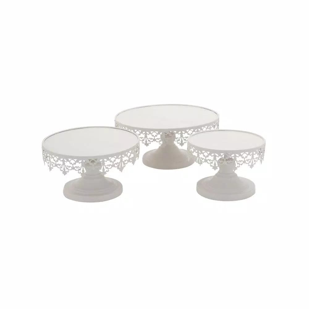 LITTON LANE White Iron Round Cake Stand Set of 3 with Lattice Lace Overhang