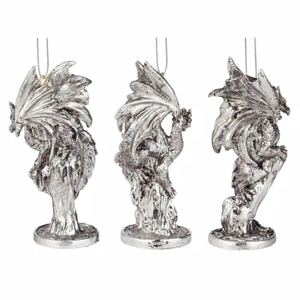 Design Toscano Three Dragons of the Amesbury Holiday Gemstone Ornament Set, 3-Piece Silver Resin
