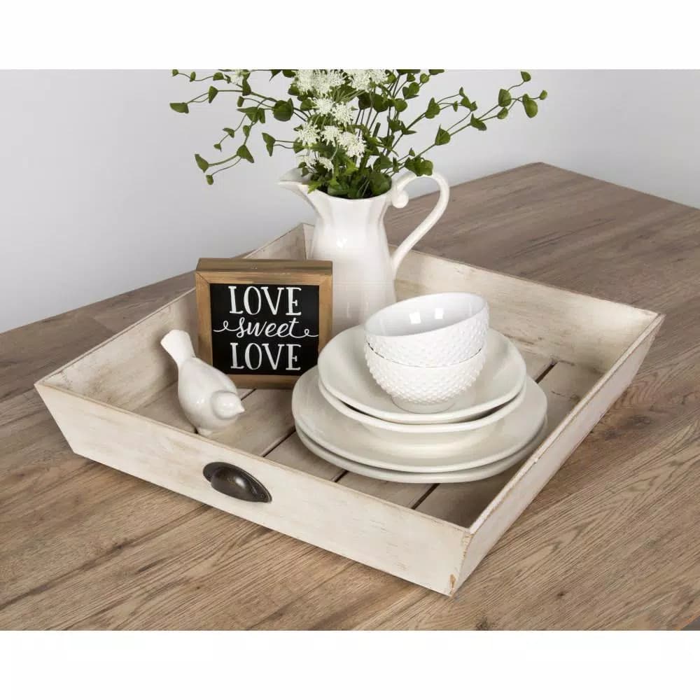 Kate and Laurel Woodmont White Decorative Wood Tray - Large Square Rustic Farmhouse Accent