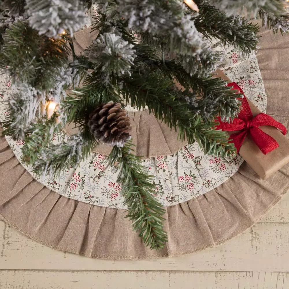 VHC Brands 21 in. Carol Khaki Tan & Winter Floral Ruffled Farmhouse Christmas Tree Skirt