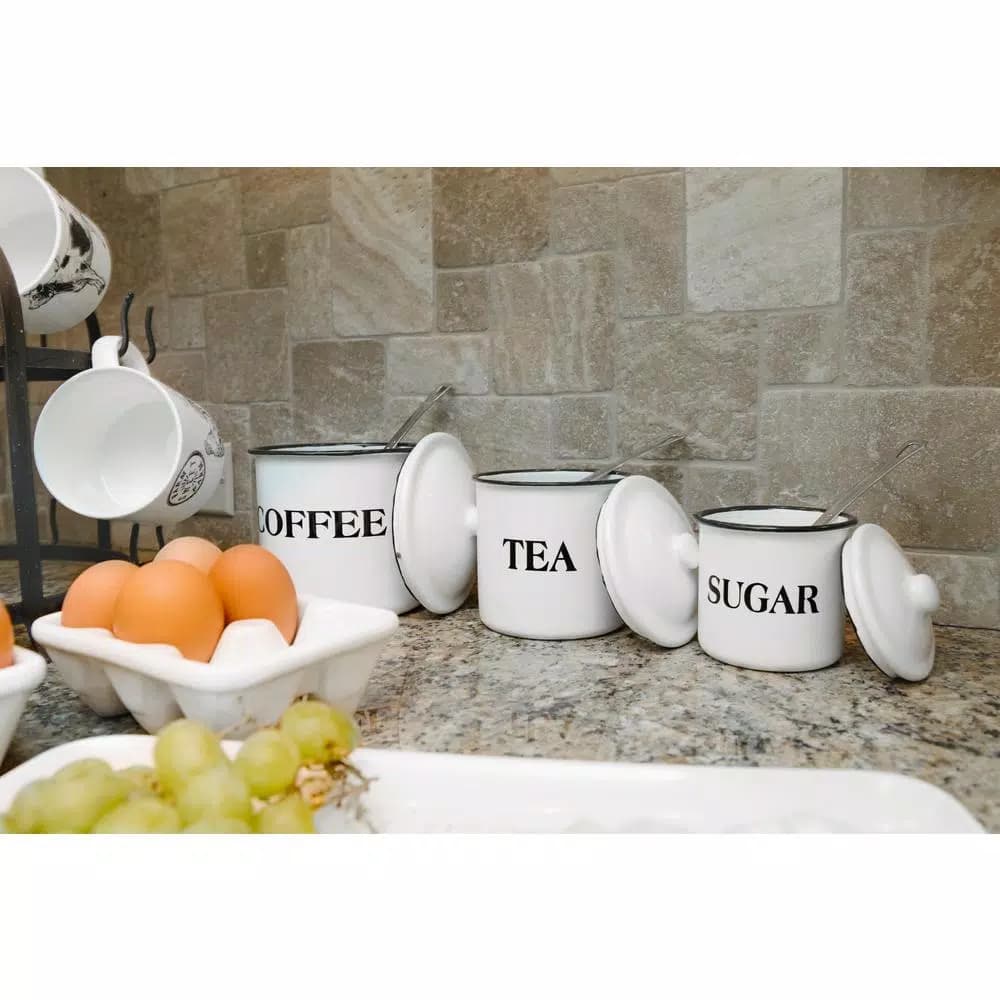 3R Studios 3-Piece White Metal Kitchen Canister Set with Coffee, Tea, and Sugar Labels