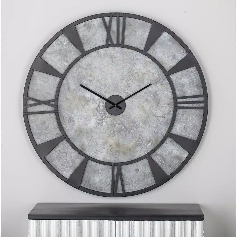 LITTON LANE 35 in. Modern Industrial Round Wall Clock - Matte Black Iron and Stone Gray Wood