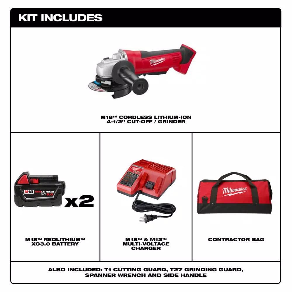 Milwaukee M18 4-1/2 in. Cordless Cut-Off Grinder Kit with (2) 3.0 Ah Batteries, Charger, and Tool Bag