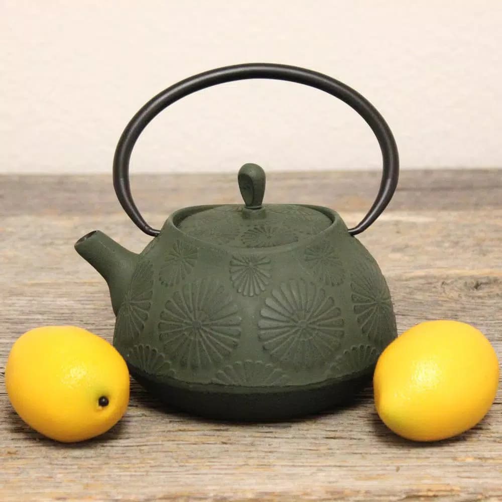 BergHOFF Cast Iron 1.2 Qt. Dark Green Teapot with 18/10 Stainless Steel Mesh Filter