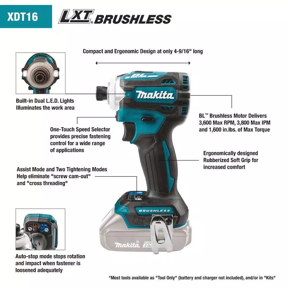 Makita 18V LXT Brushless 4-Speed Impact Driver Kit with 2 2.0 Ah Batteries and Charger