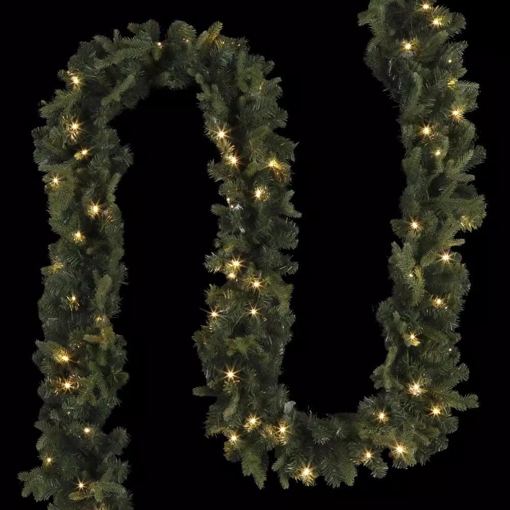 Home Accents Holiday 12 ft. Pre-Lit Norway Garland with 70 Warm White LED Lights, Battery Operated