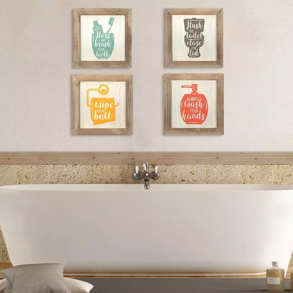 Stratton Home Decor Floss Flush Wipe Wash Bathroom Rules Wall Art Set, 4-Piece Wood Sign Collage