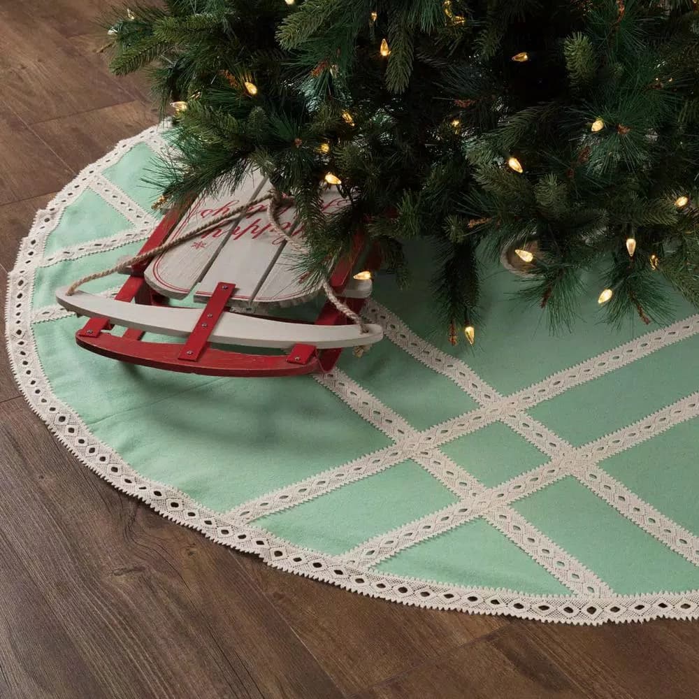 VHC Brands 60 in. Mint Margot Farmhouse Christmas Tree Skirt with Diamond Cut Lace
