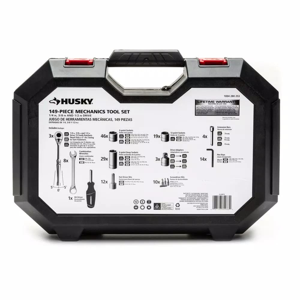 Husky 149-Piece Mechanics Tool Set with 1/4 in., 3/8 in., and 1/2 in. Drive Ratchets and Sockets