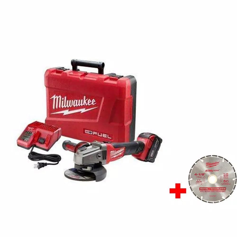 Milwaukee M18 FUEL 18V Brushless 4-1/2 in. Angle Grinder Kit w/ 5.0 Ah Battery, Charger & Diamond Blade