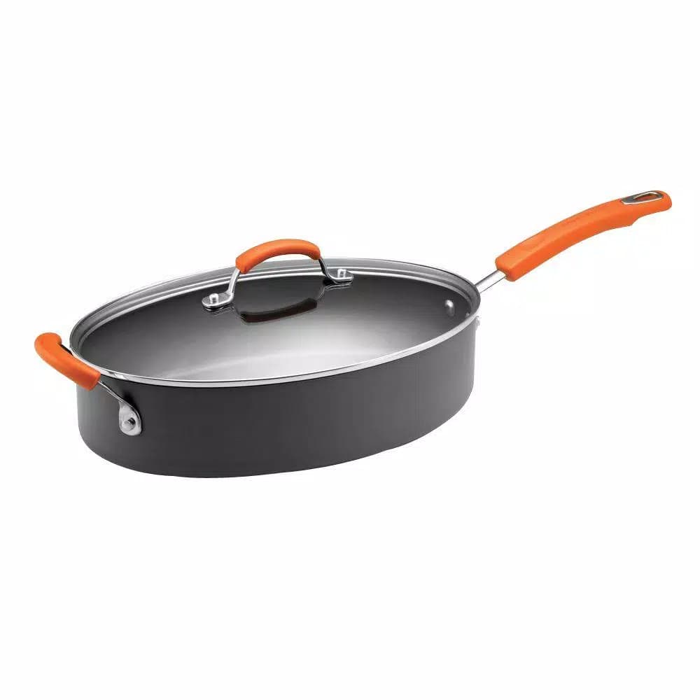 Rachael Ray 5-Quart Hard-Anodized Aluminum Nonstick Oval Saute Pan with Glass Lid, Orange and Gray