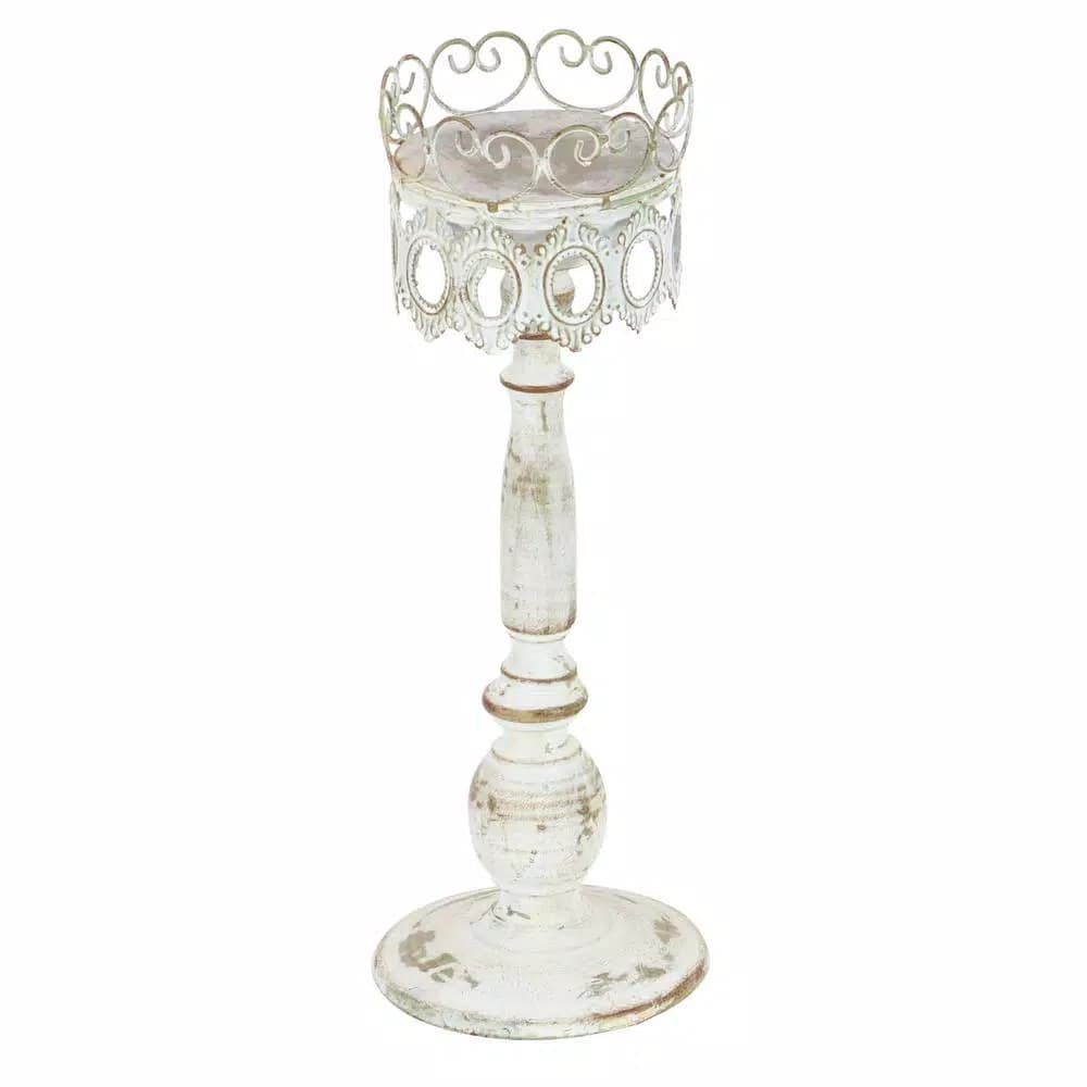 LITTON LANE 14 in. Distressed Ivory Iron Pillar Candle Holders with Filigree Design (Set of 2)