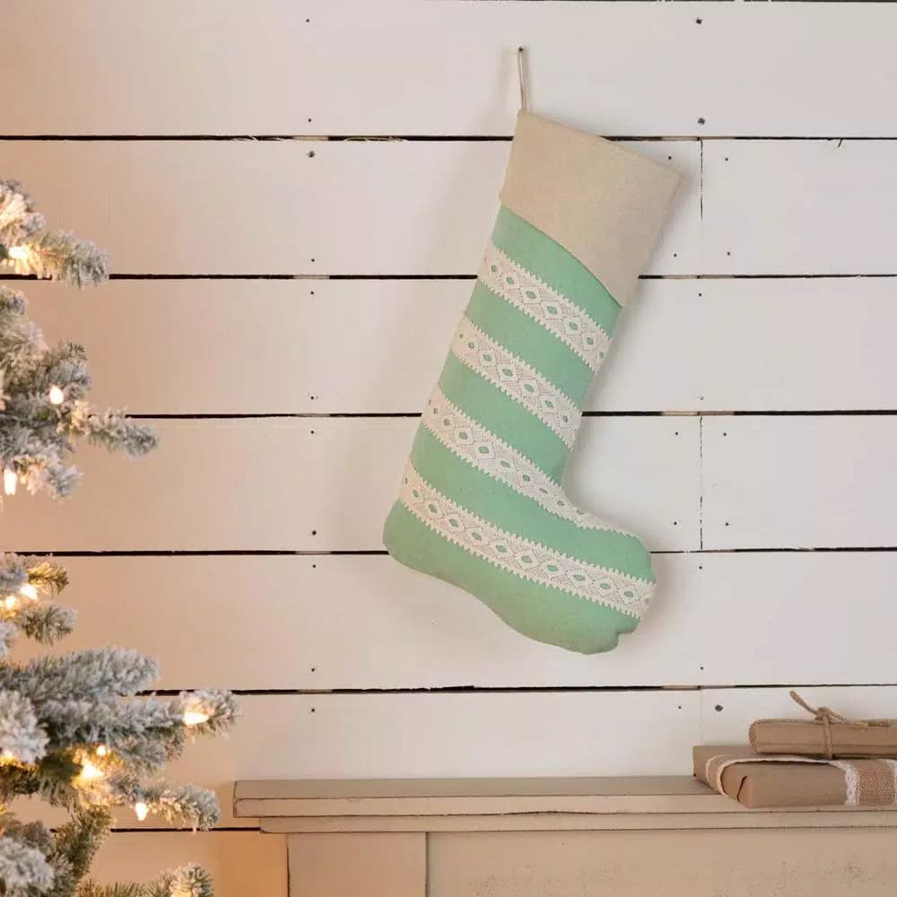 VHC Brands 20 in. Mint Margot Farmhouse Christmas Stocking with Diamond Cut Lace and Cotton/Felt