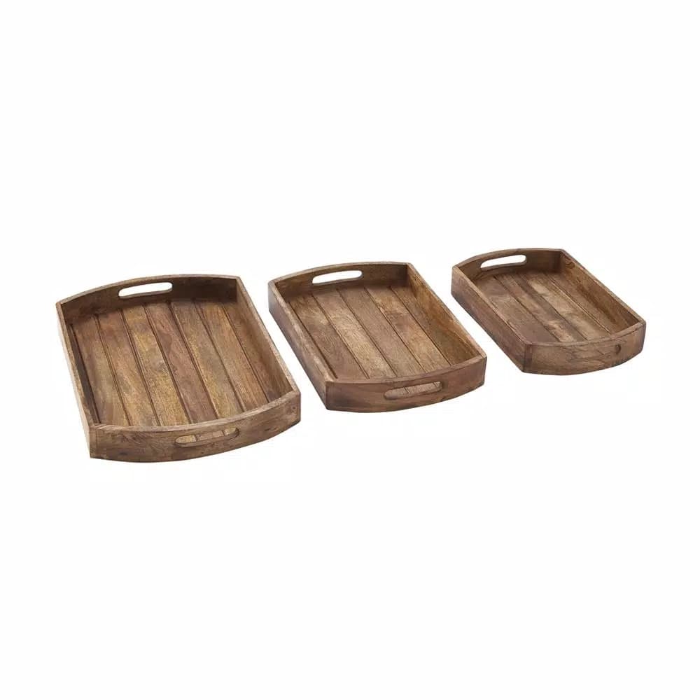 LITTON LANE Mahogany Brown Slat Wood Trays Set of 3 - Rustic Mango Wood Farmhouse Trays