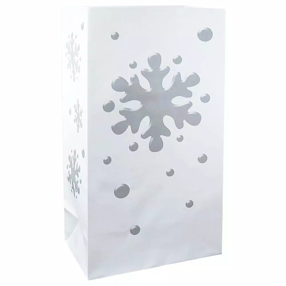 LUMABASE 11 in. Snowflake Flame Resistant Luminaria Bags, Set of 12, White with Silver Design