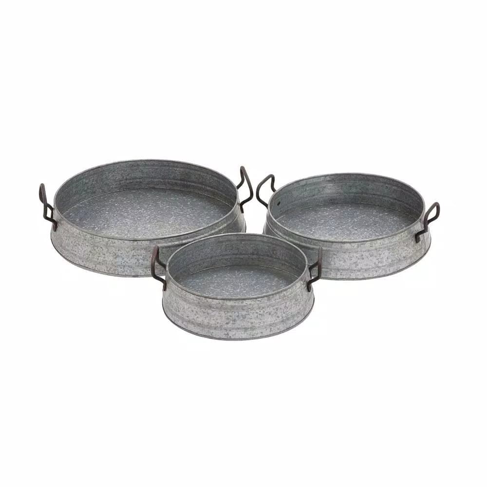 LITTON LANE Farmhouse Rustic Gray Iron Decorative Planter Trays, Set of 3