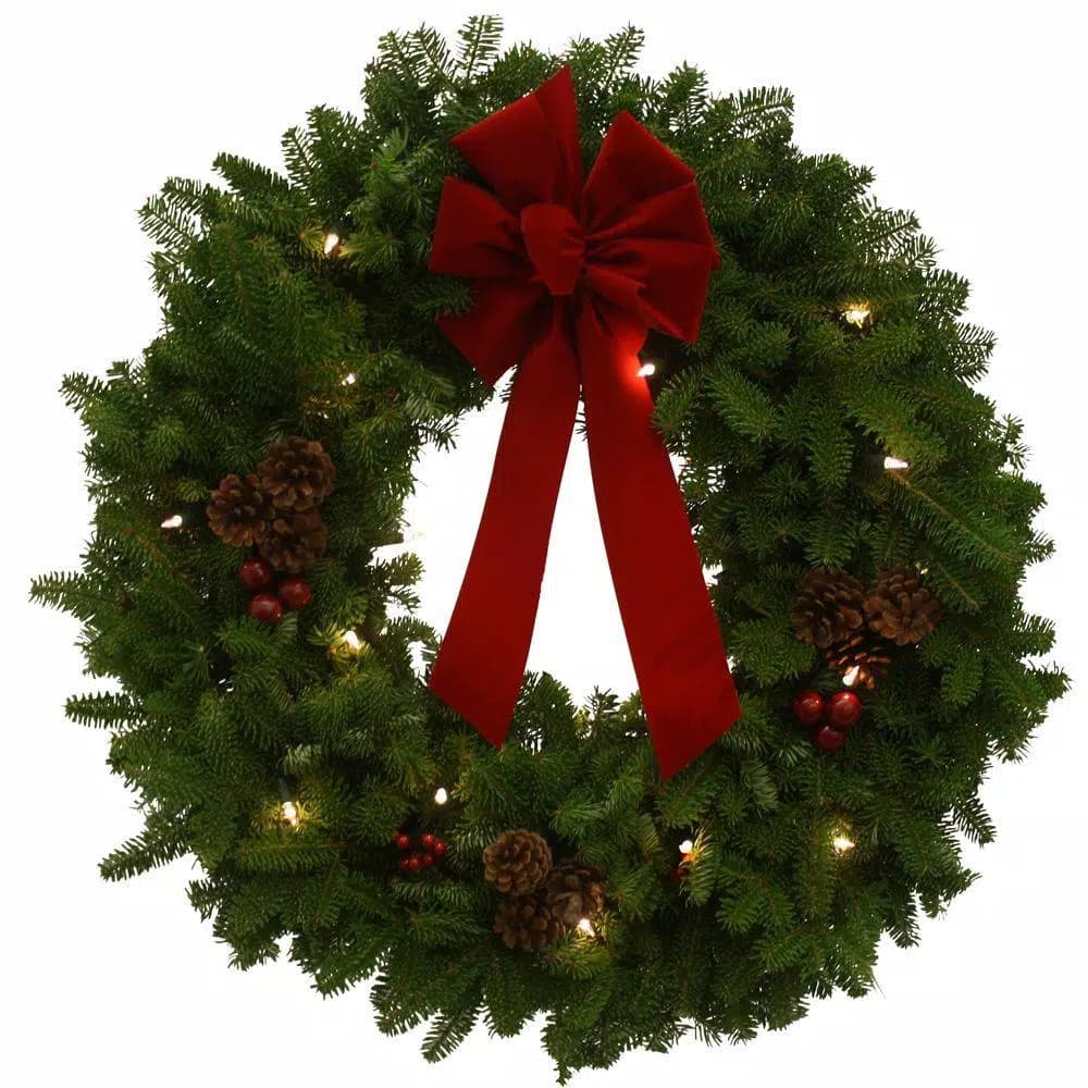 Worcester Wreath 24 in. Fresh Maine Balsam Pre-Lit Classic Wreath with Red Velvet Bow