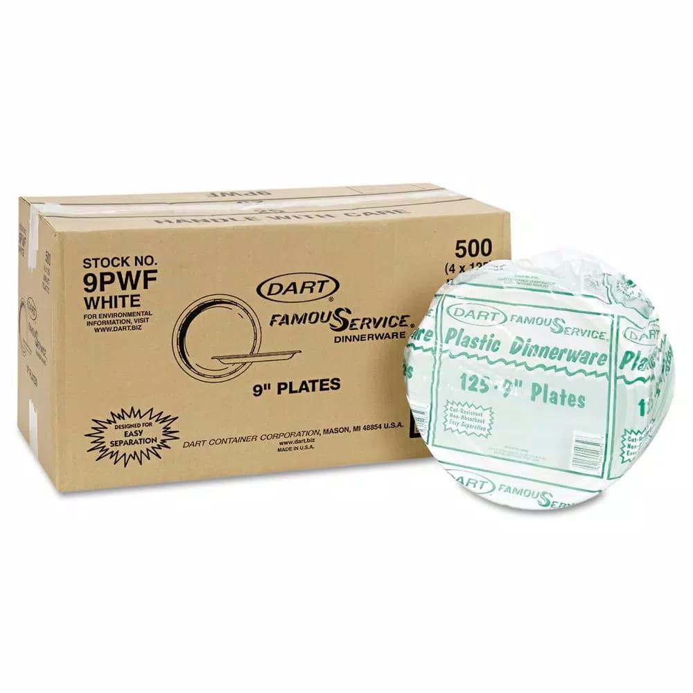 DART White Plastic Plates, 9 in., Round, 500 Per Case
