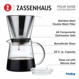 ZASSENHAUS 6-Cup Clear Pour Over Coffee Maker - Borosilicate Glass & Stainless Steel Brewer thumbnail 3
