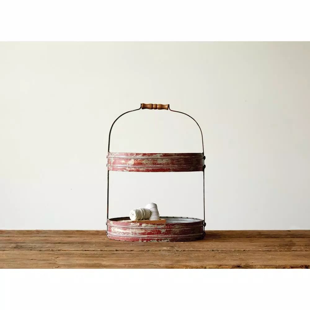 3R Studios Red 2-Tier Oval Iron Decorative Tray with Wood Handle