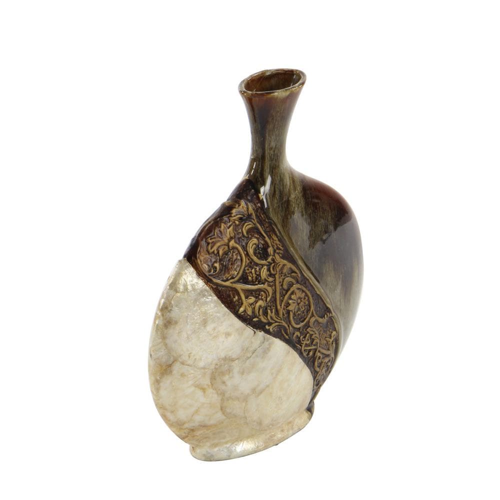 LITTON LANE 14 in. Mediterranean Ceramic and Capiz Shell Urn Vase - Brown and Gold