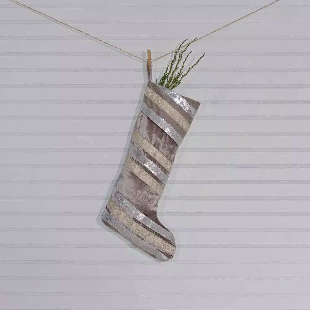 VHC Brands 20 in. Allura Dove Grey Viscose Velvet Christmas Stocking with Taupe and Silver Trim