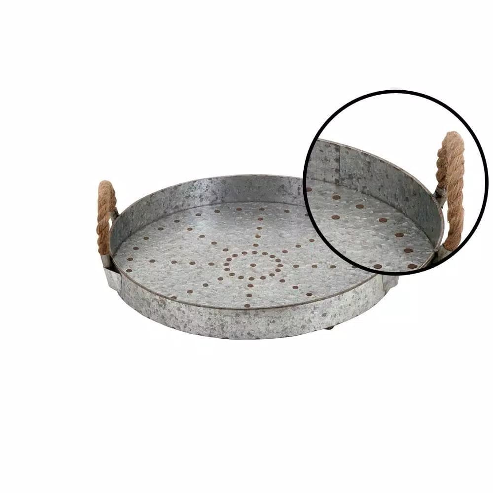 LITTON LANE 16" Farmhouse Rustic Gray Galvanized Iron Serving Tray with Rope Handles