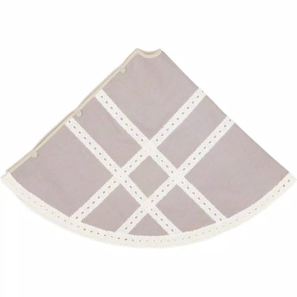 VHC Brands 55 in. Grey Margot Farmhouse Christmas Tree Skirt with Diamond Lace and Chambray