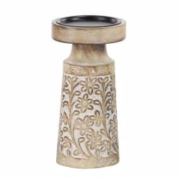 LITTON LANE Rustic Mango Wood and Iron Candle Holder Set of 3 with Floral Carvings thumbnail 6
