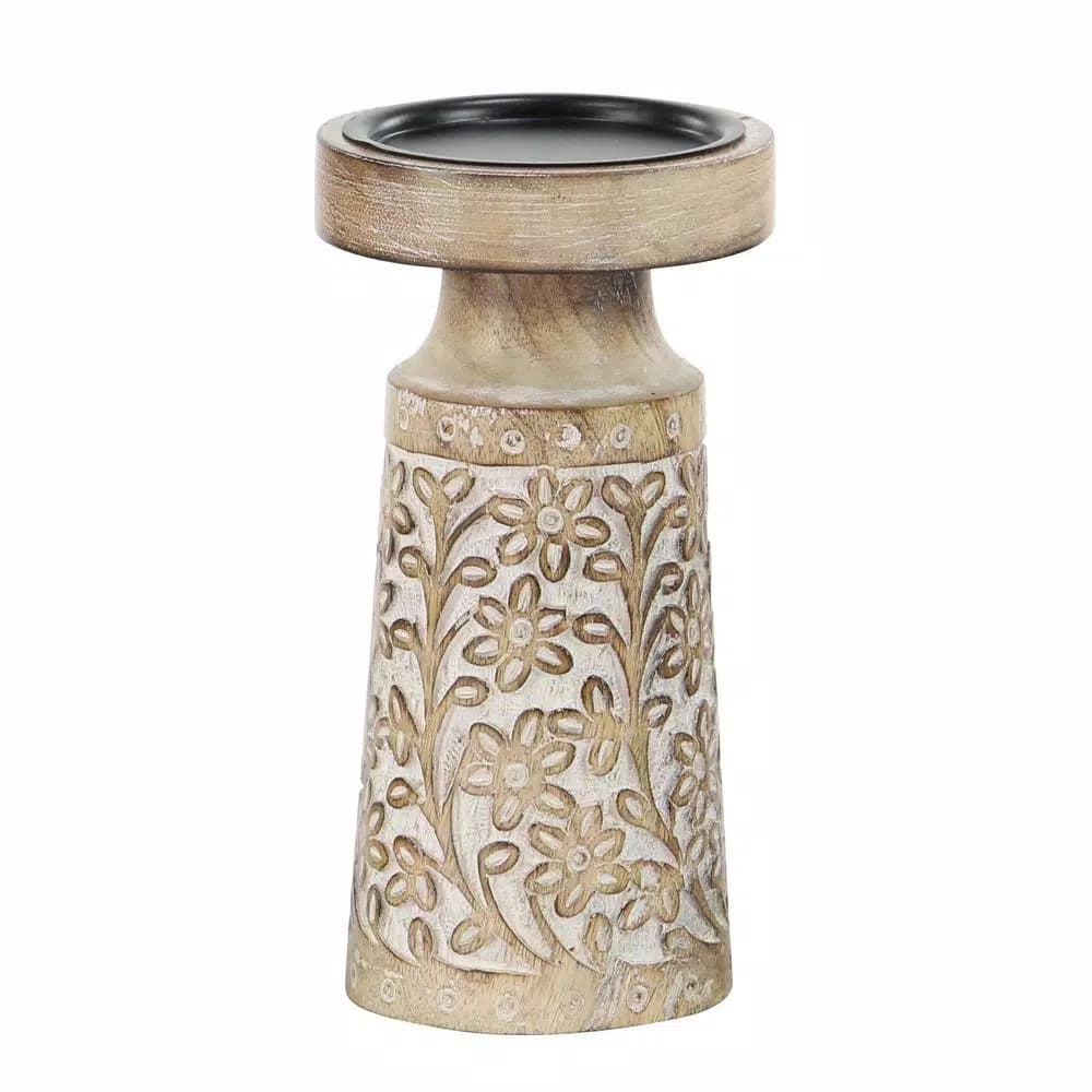 LITTON LANE Rustic Mango Wood and Iron Candle Holder Set of 3 with Floral Carvings