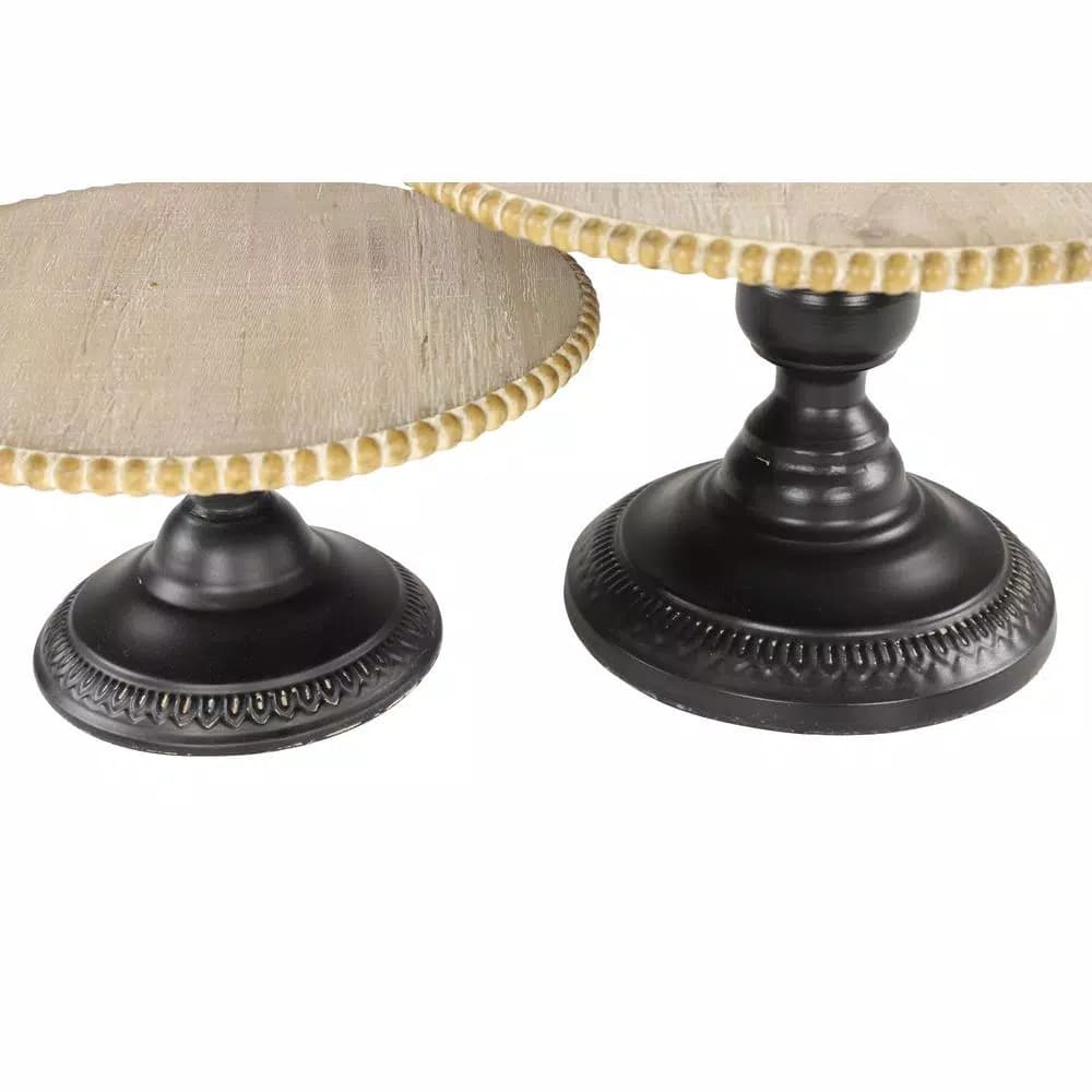 LITTON LANE Natural Beige Chinese Fir Wood and Black Iron Round Decorative Tray Stands Set of 2