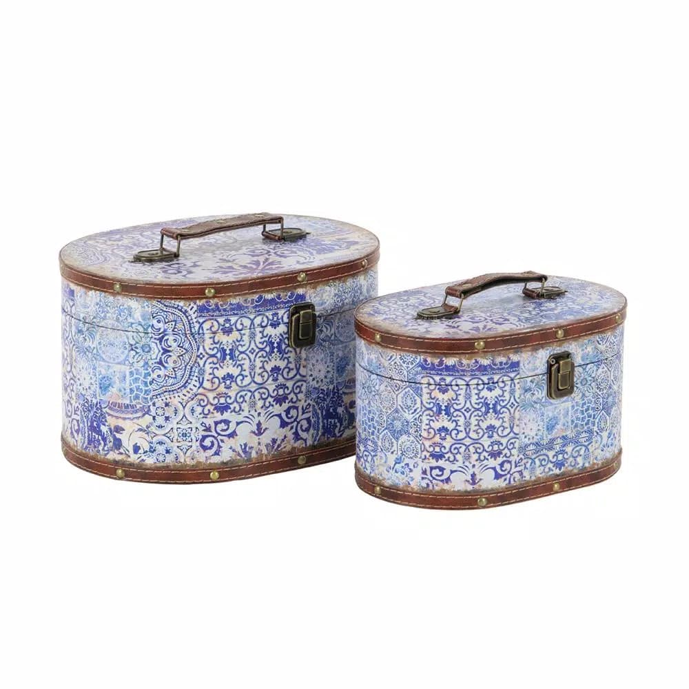 LITTON LANE Vintage Oval Wood and Faux Leather Case-Style Storage Boxes with Lids (Set of 2)