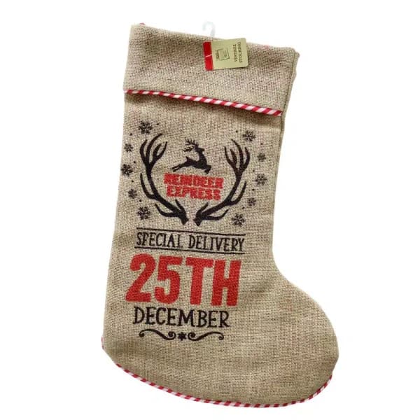 Santaland 23 in. Vintage Special Delivery Burlap Christmas Stocking - Red Farmhouse Holiday Decor