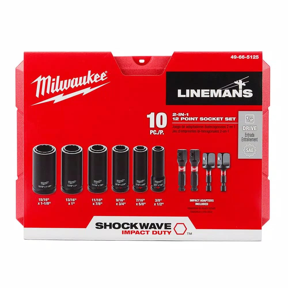 Milwaukee SHOCKWAVE Lineman's 1/2 in. Drive 2-in-1 12-Point Socket Set, 10-Piece