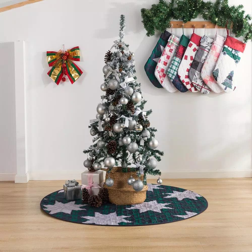 Country Living 48 in. Christmas Carol Plaid and Star Quilted Tree Skirt, Navy and Green
